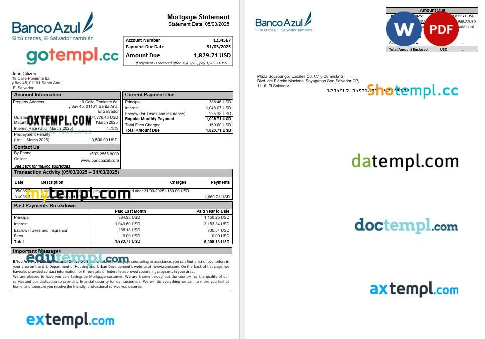 Salvador Banco Azul mortgage statement in Word and PDF formats