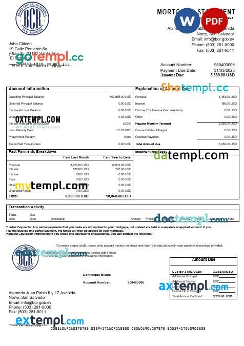 Salvador Banco Central de Reserva mortgage statement in Word and PDF formats