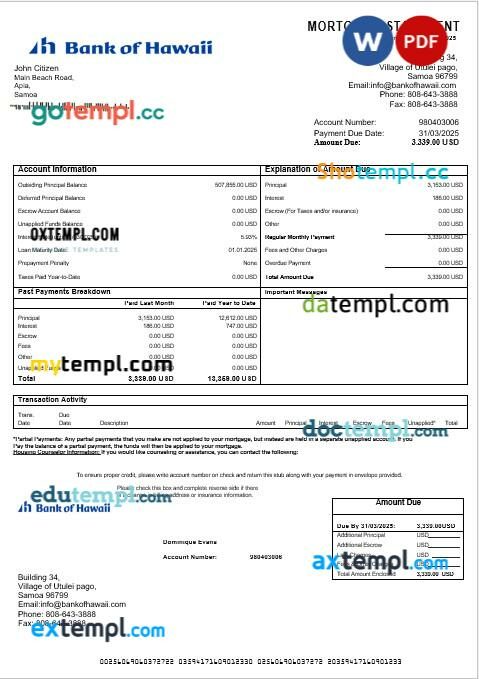 Samoa Bank of Hawaii mortgage statement in Word and PDF formats