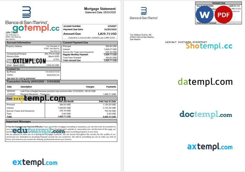 San Marino Banca di San Marino mortgage statement in Word and PDF formats