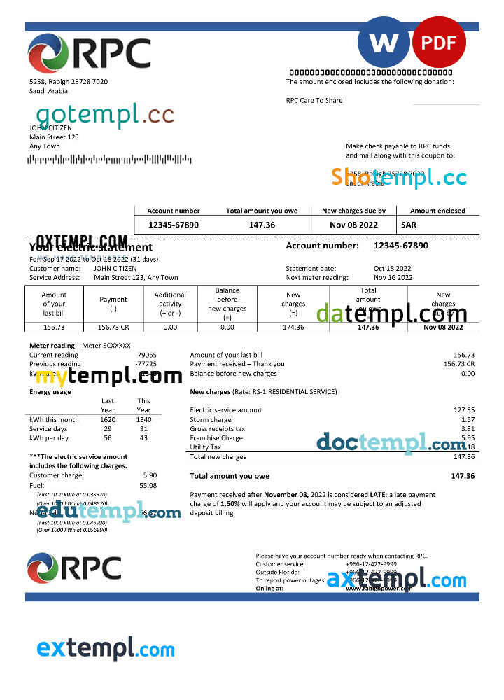 Saudi Arabian Rabigh Power Company utility bill download, Word and PDF example