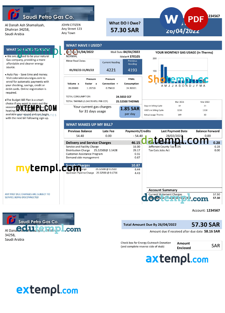 Saudi Arabian Saudi Petro Gas utility bill download, Word and PDF example