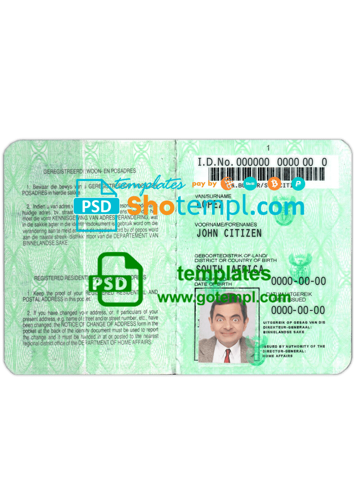 South African ID example in PSD format, fully editable (1986 - 2013)