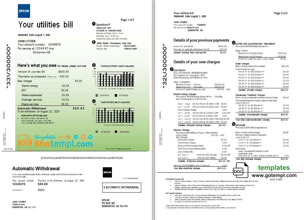 Canadian Epcor electricity utility bill download example in Word and PDF format, 3 pages
