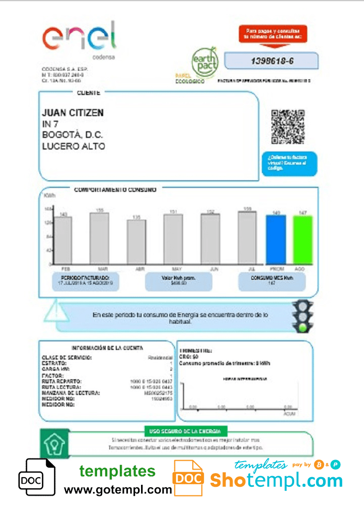 Colombian ENEL energy utility bill download example in Word and PDF format