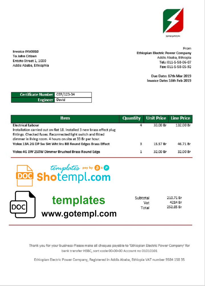 Ethiopian Ethiopiann Electric Power Company electricity utility bill download example in Word and PDF format