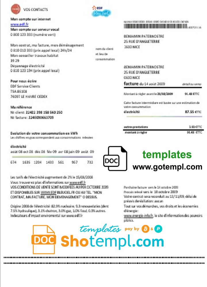 French EDF proof of address utility bill download example in Word and PDF format