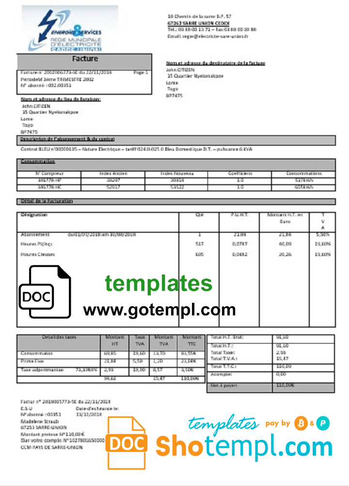 French Energies & Services Régie Municipal d' Electricité Sarre-Union electricity utility bill download example in Word and PDF format, fully editable