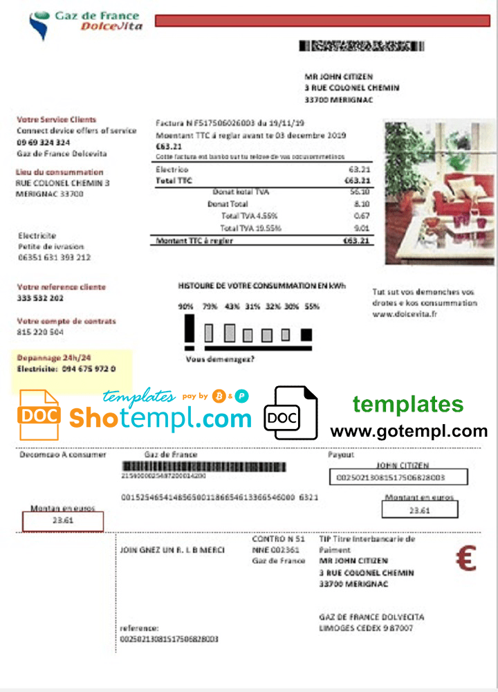 French Gaz de French Dolcevita utility bill download example in Word and PDF format