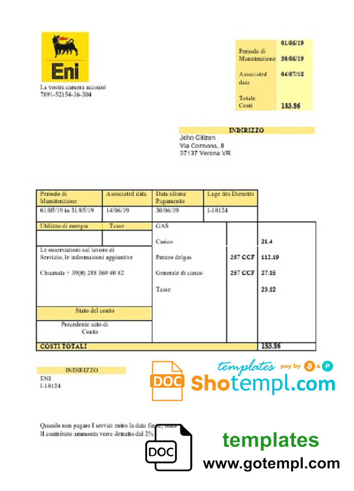 Italian Gas utility bill download example in .doc and .pdf format, fully editable