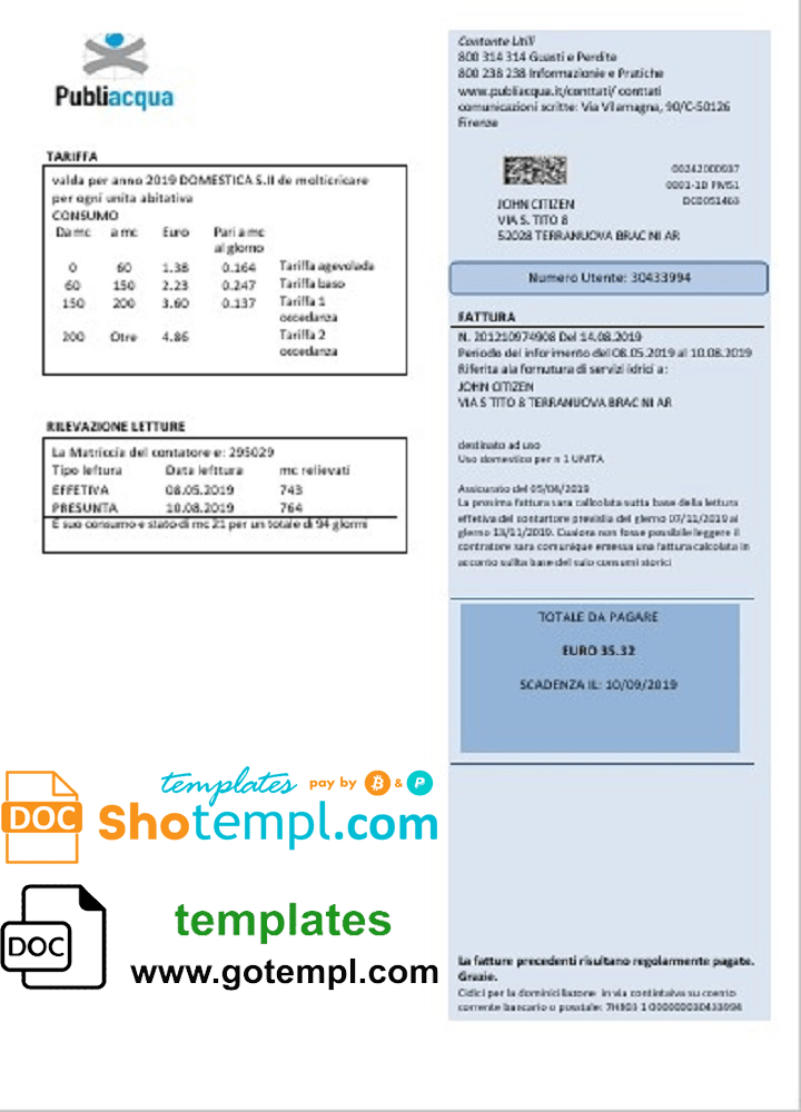 Italian Publiacqua utility bill download example in Word and PDF format