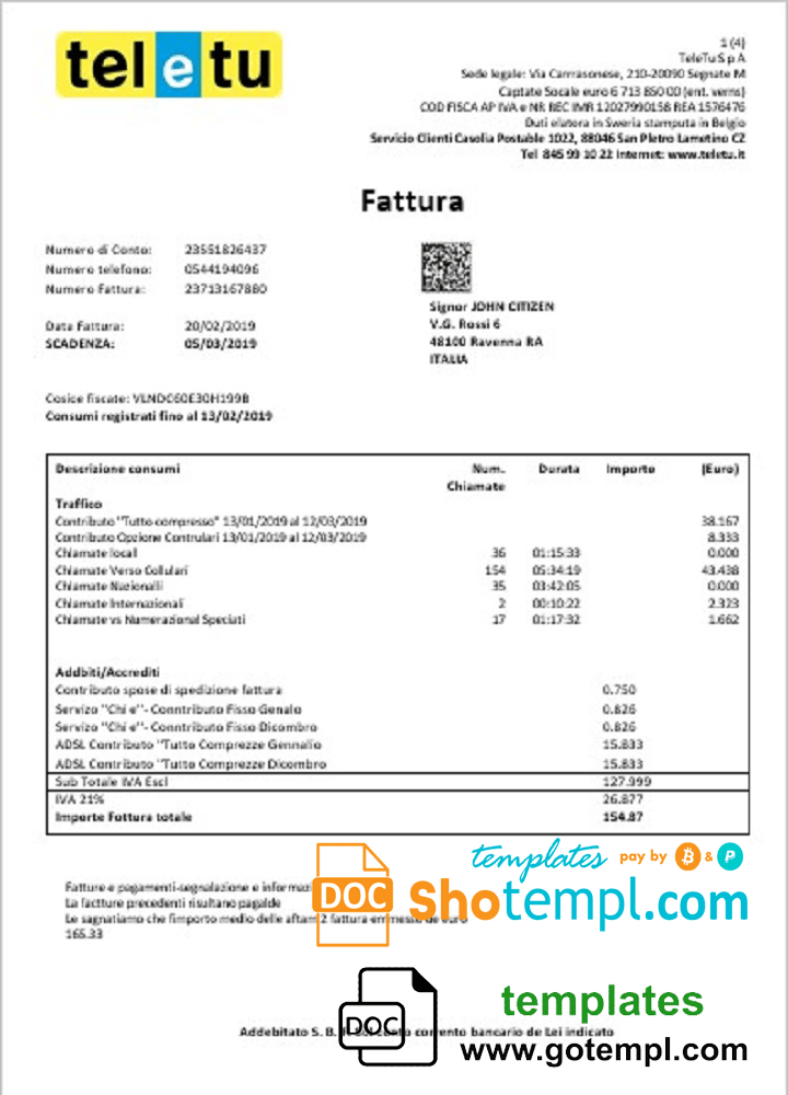Italian TeleTu utility bill download example in Word and PDF format