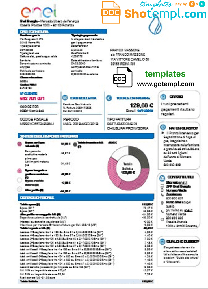 Italian Enel Energia utility bill download example in Word and PDF format