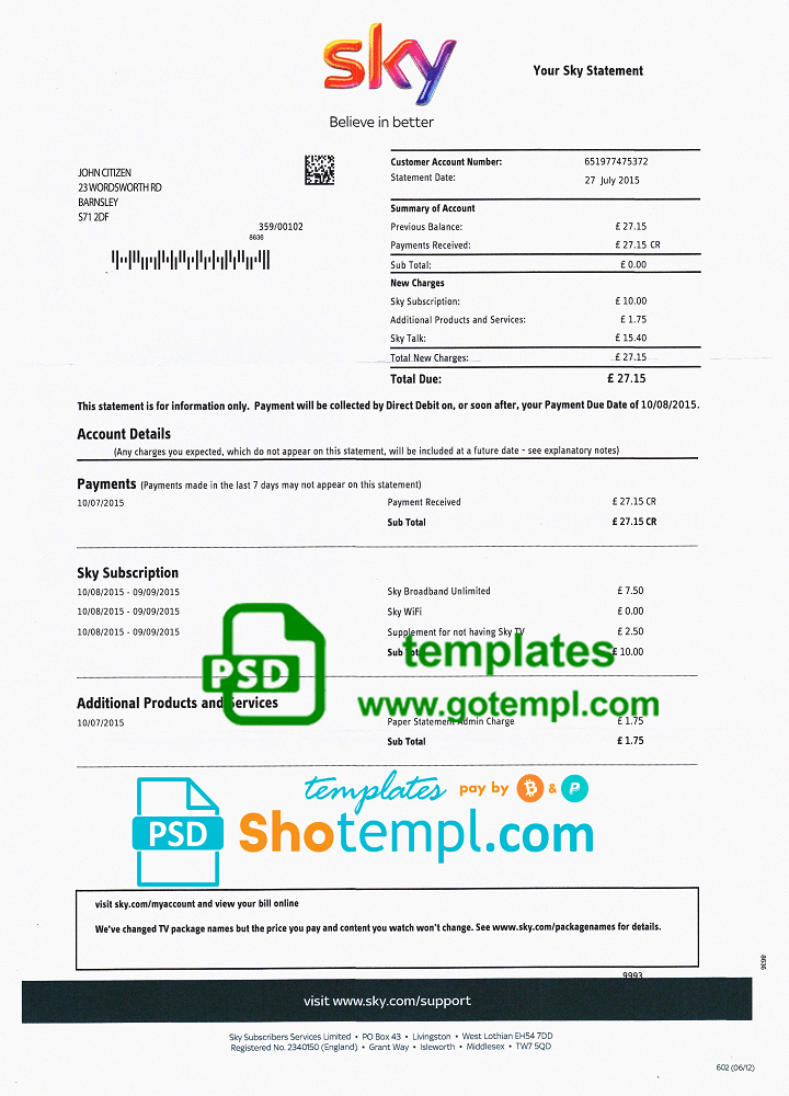United Kingdom Sky utility bill download example, fully editable in PSD format