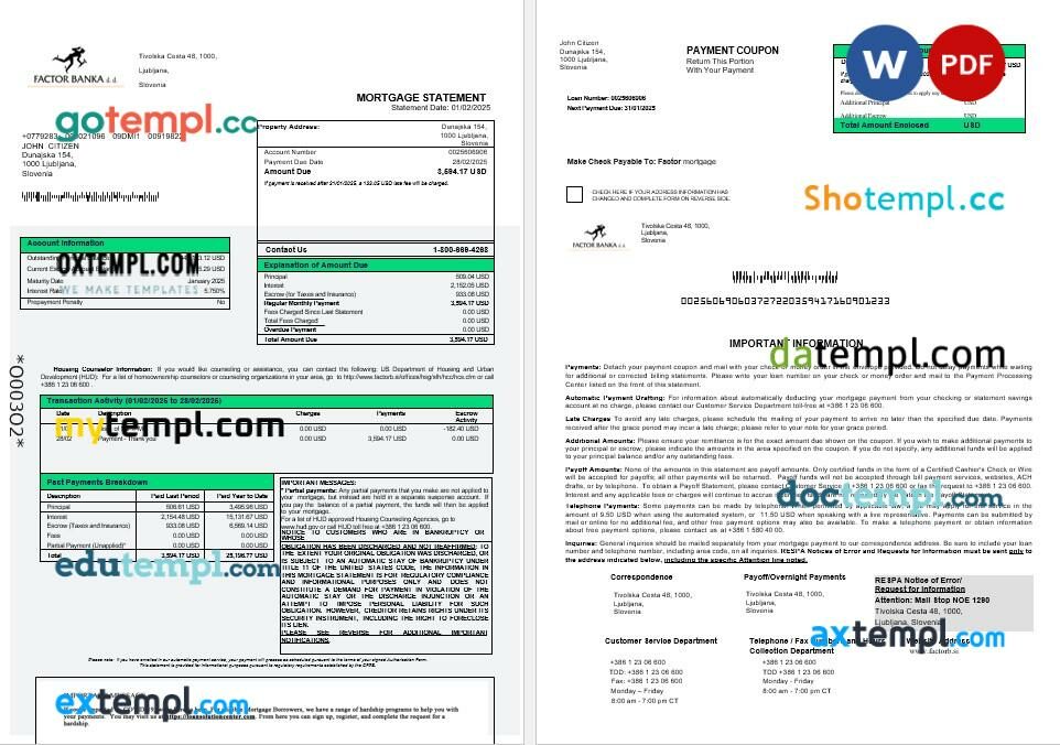 Slovenia Factor banka mortgage statement in Word and PDF formats