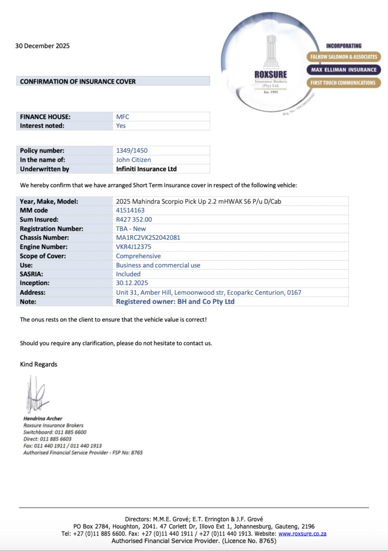 South Africa Infiniti Insurance Limited confirmation of insurance cover Word and PDF template