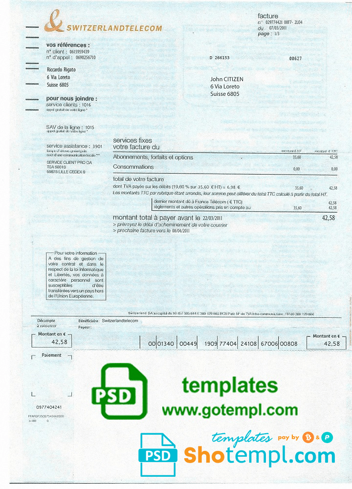 Swiss Telecom utility bill download example, fully editable in PSD format