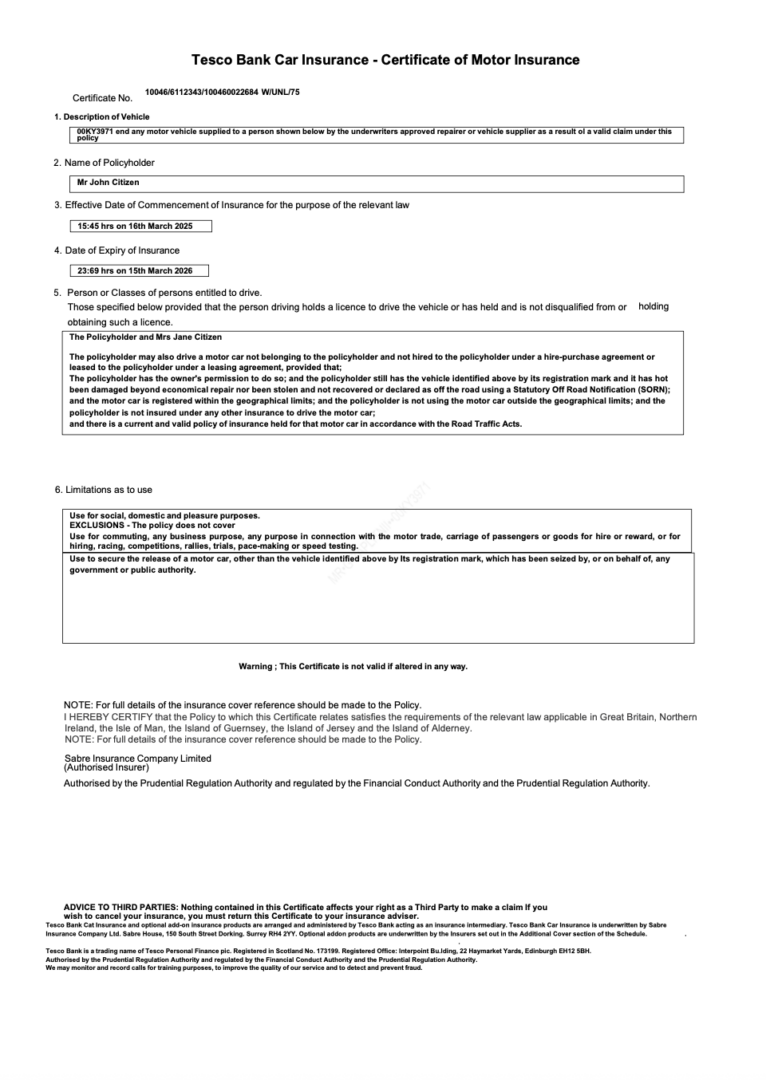 Tesco Bank Car Insurance certificate of motor insurance Word and PDF template