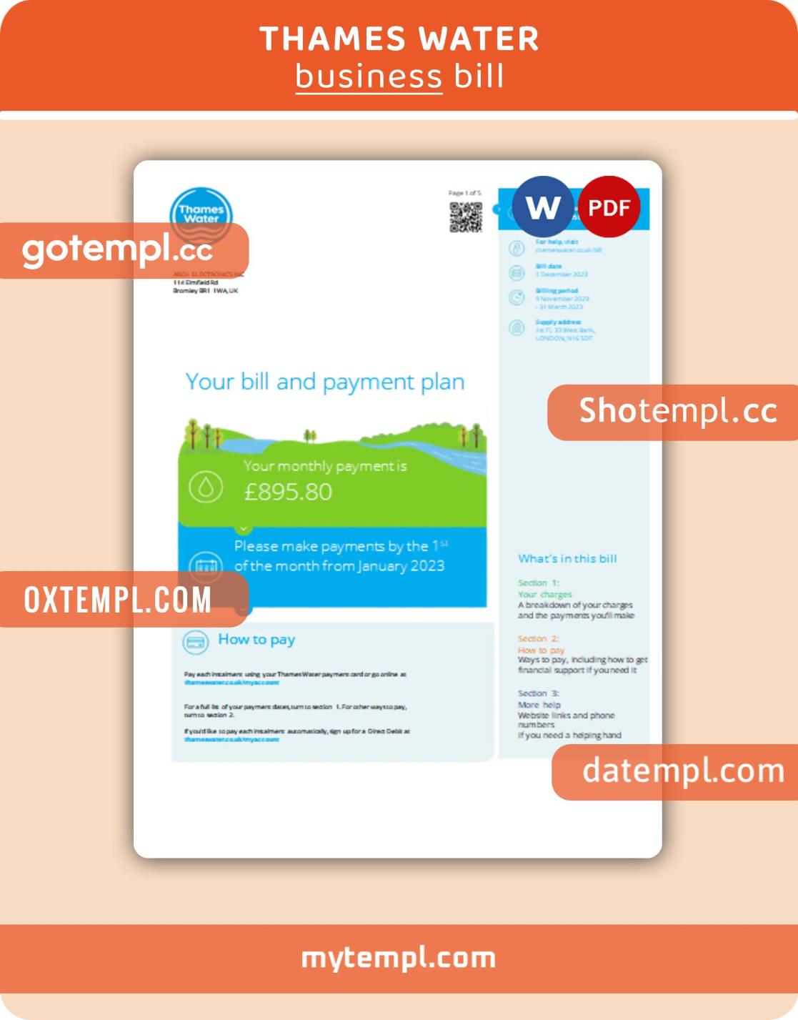 Thames Water business utility bill, Word and PDF template, 2 pages