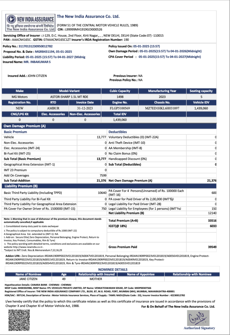 The New India Assurance certificate of insurance Word and PDF template