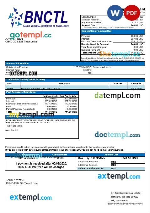 Timor-Leste BNCTL bank International mortgage statement in Word and PDF formats Timor-Leste BNCTL bank International mortgage statement in Word and PDF formats