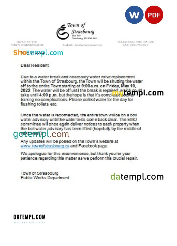 Canadian Saskatchewan Town of Strasbourg water utility shut off notice, Word and PDF example