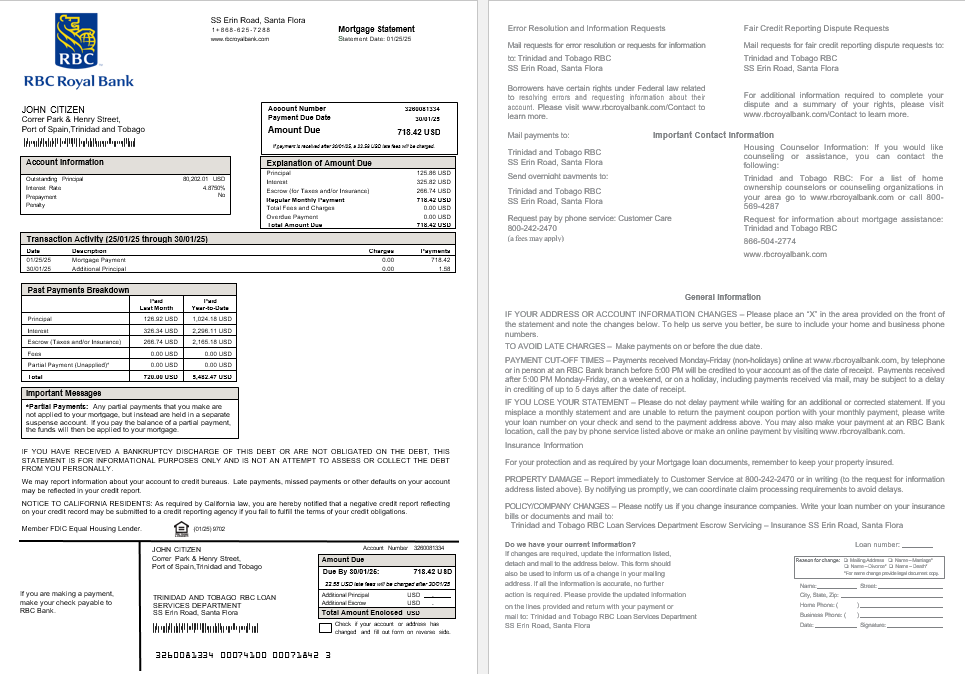 Trinidad and Tobago Royal Citizens Bank mortgage statement in Word and PDF formats