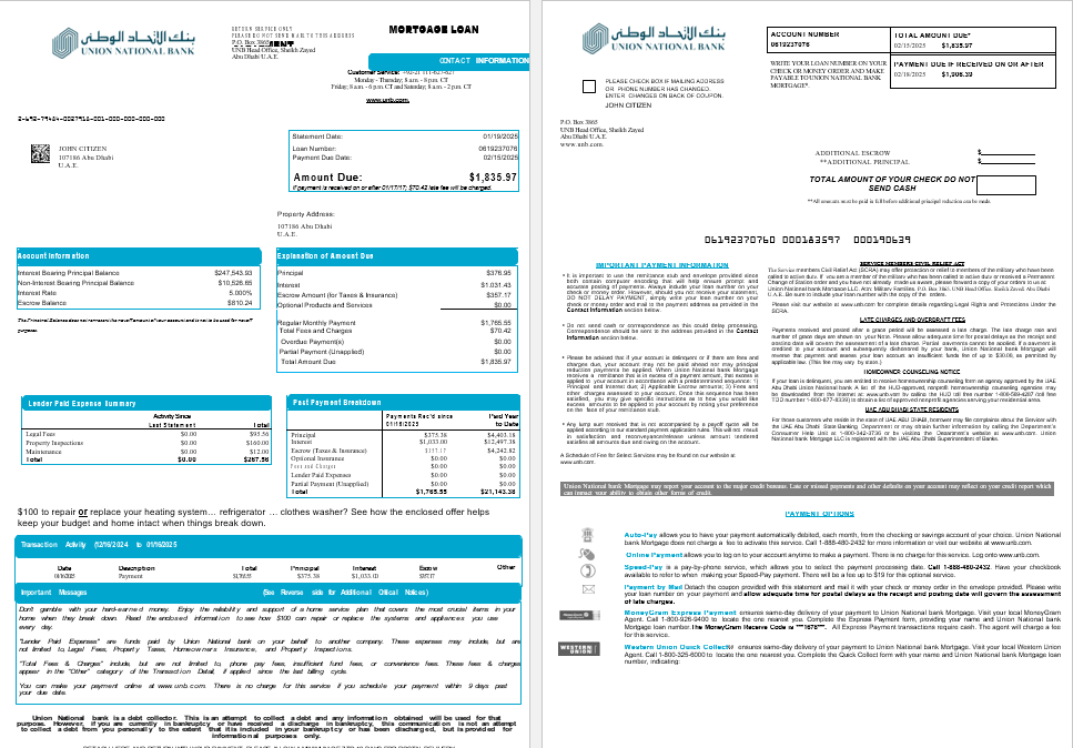 UAE Abu Dhabi Union National bank mortgage loan statement in Word and PDF formats, 8 pages