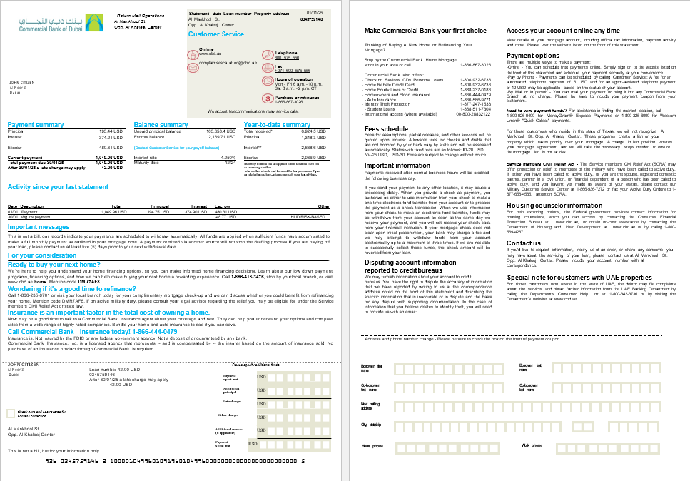 UAE Commercial Bank mortgage statement in Word and PDF formats, 2 pages