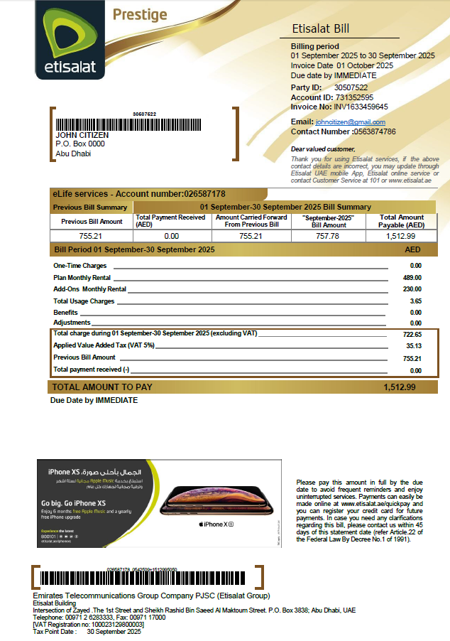 UAE Etisalat utility bill template in Word and PDF formats, version 2 UAE Etisalat utility bill template in Word and PDF formats, version 2