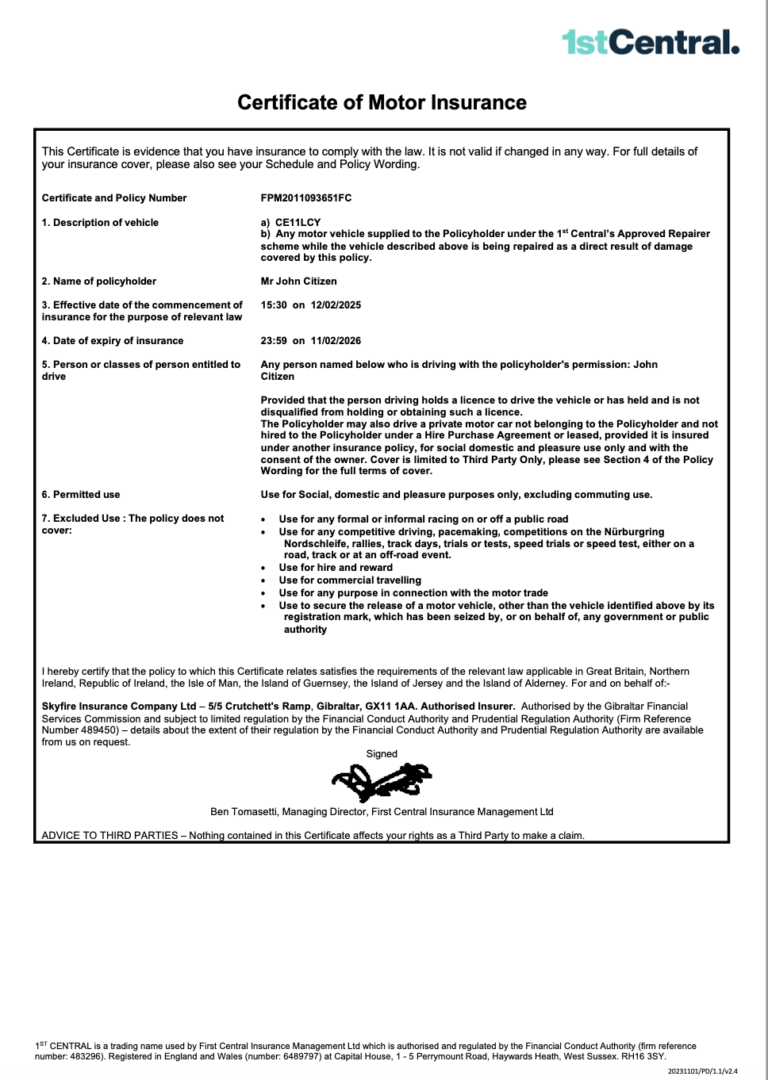 UK 1st Central Insurance certificate of motor insurance Word and PDF template, version 3