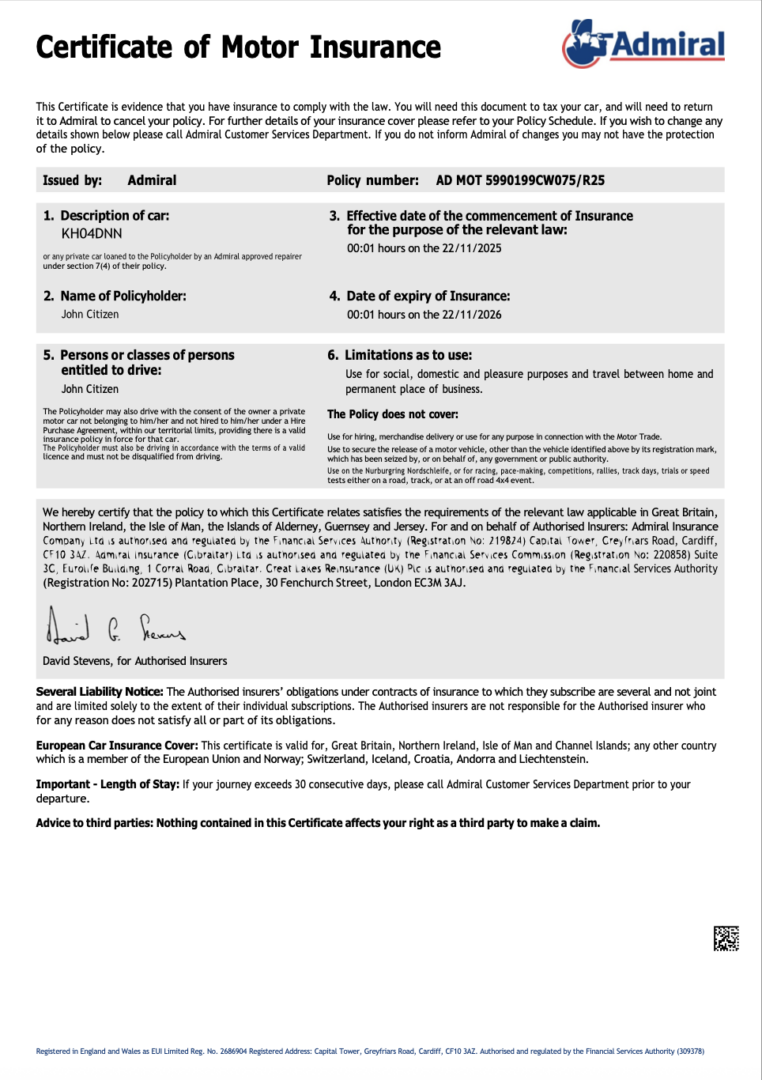 UK Admiral certificate of motor insurance Word and PDF template, version 2