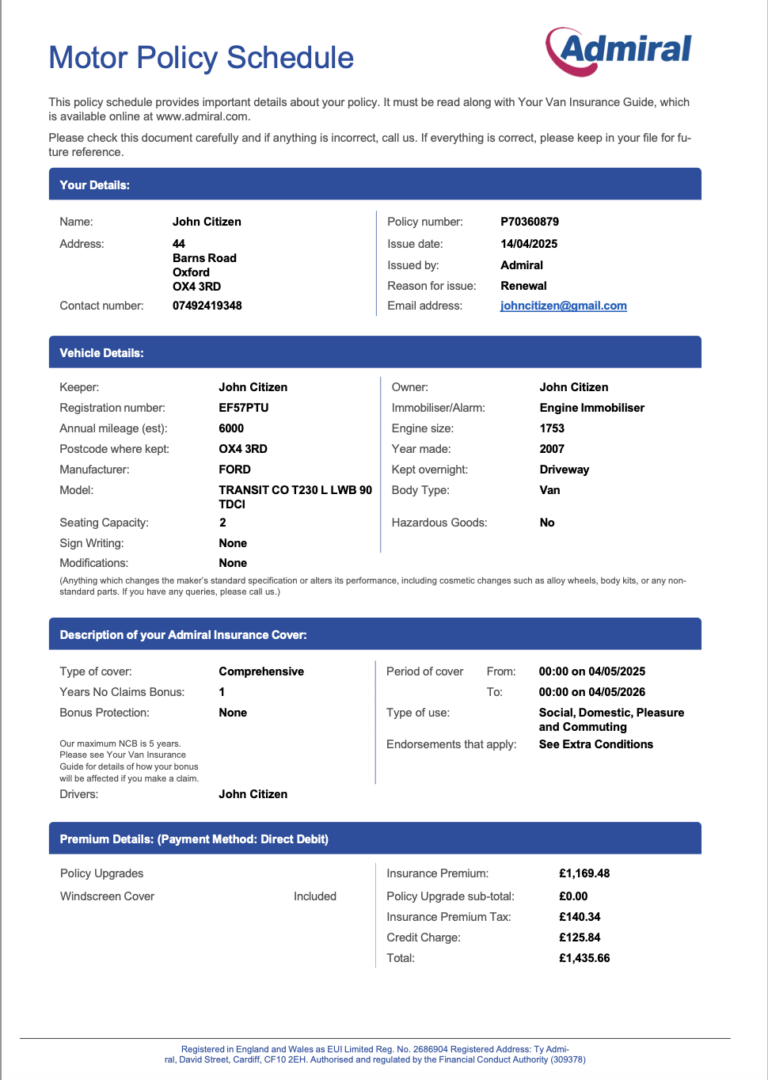 UK Admiral motor policy schedule Word and PDF template