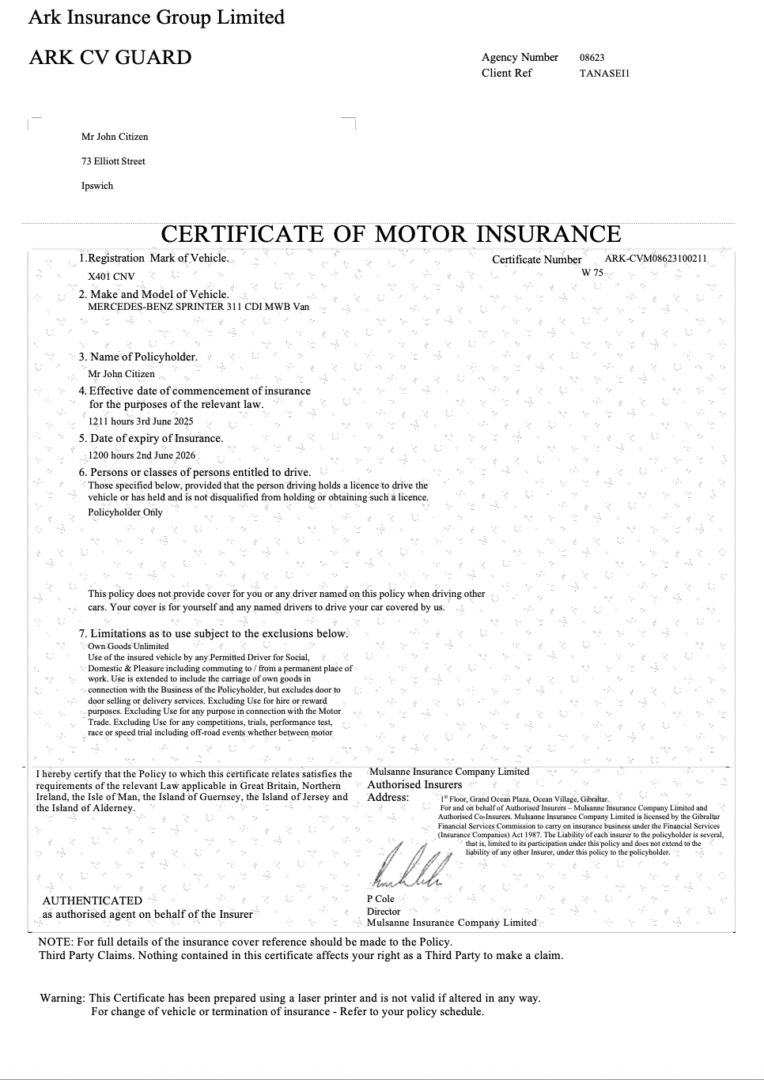 UK Ark Insurance Group Limited certificate of motor insurance Word and PDF template