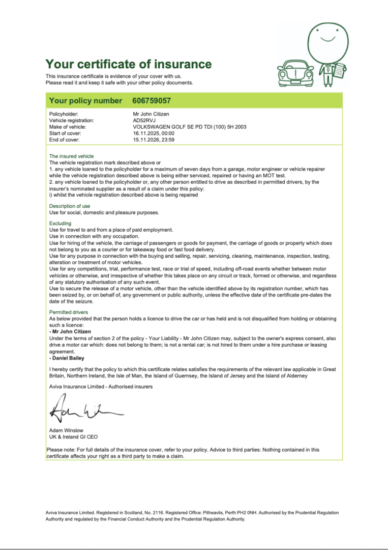UK Aviva Insurance Limited certificate of insurance Word and PDF template, version 2
