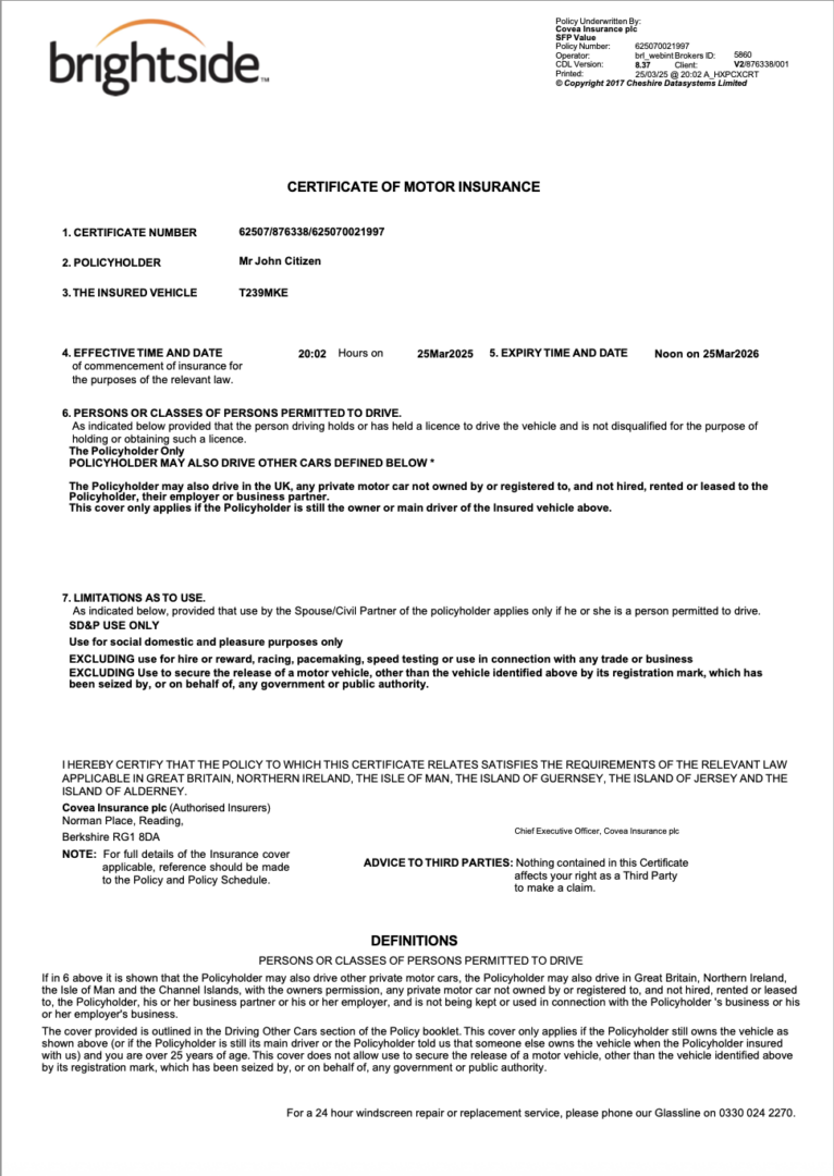 UK Brightside Insurance certificate of motor insurance Word and PDF template