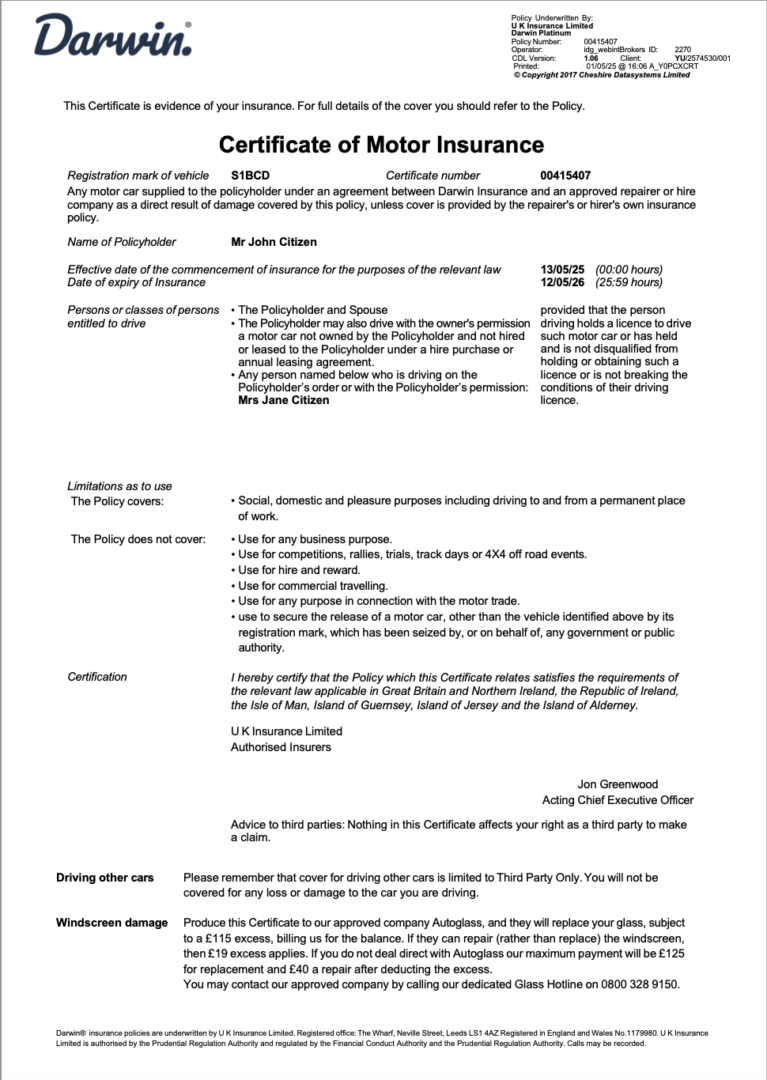 UK Darwin Insurance Limited certificate of motor insurance Word and PDF template
