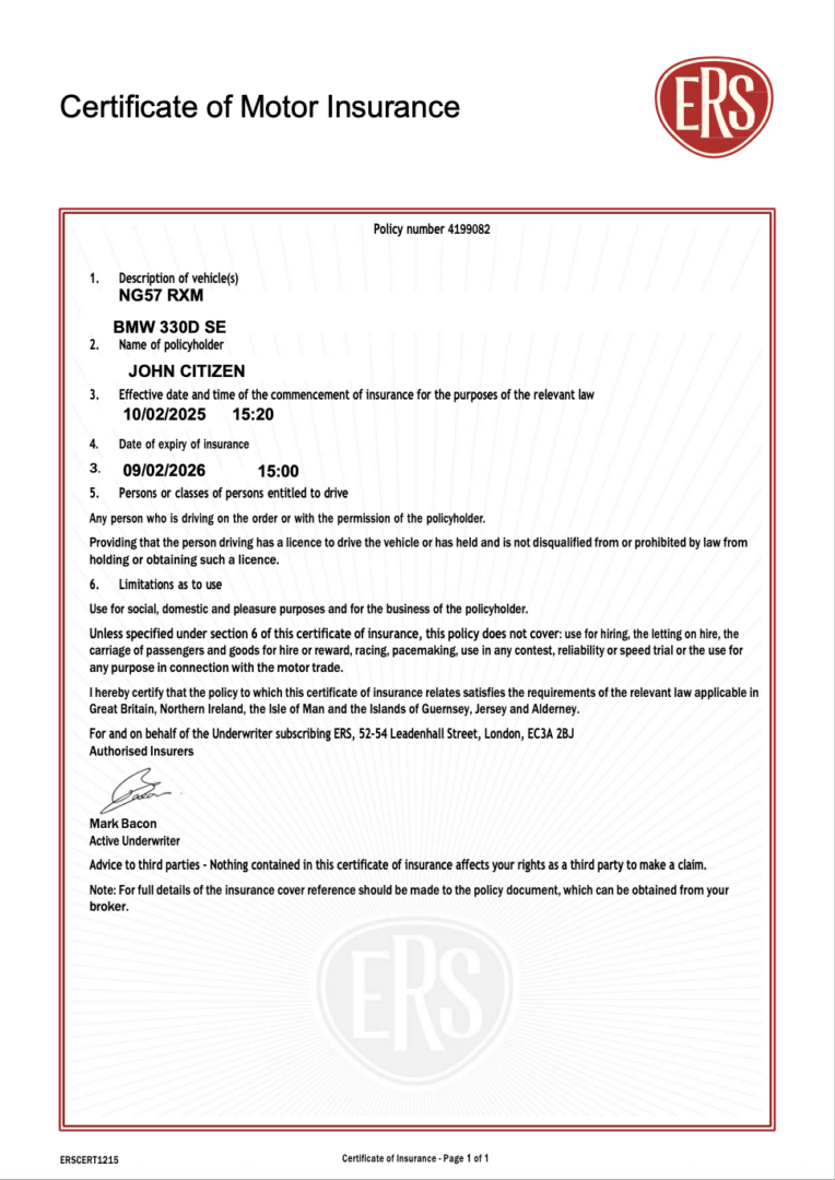 UK ERS Insurance certificate of motor insurance Word and PDF template