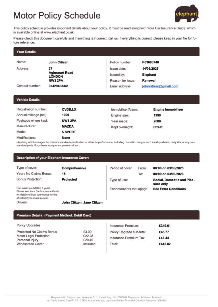 UK Elephant Insurance motor policy schedule Word and PDF template