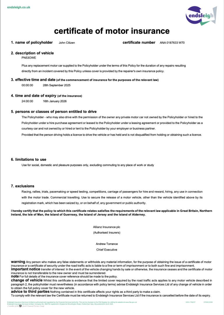 UK Endsleigh certificate of motor insurance Word and PDF template