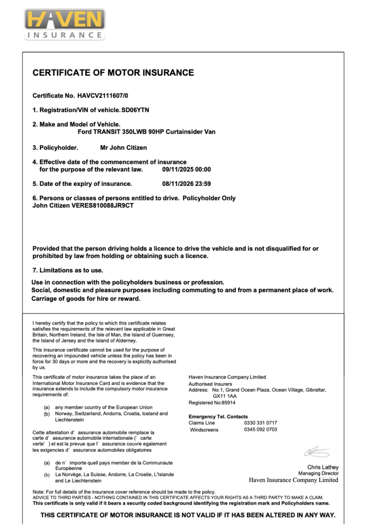 UK Haven Insurance certificate of motor insurance Word and PDF template, version 3