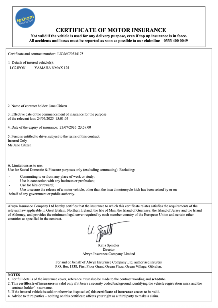UK Lexham Insurance certificate of motor insurance Word and PDF template