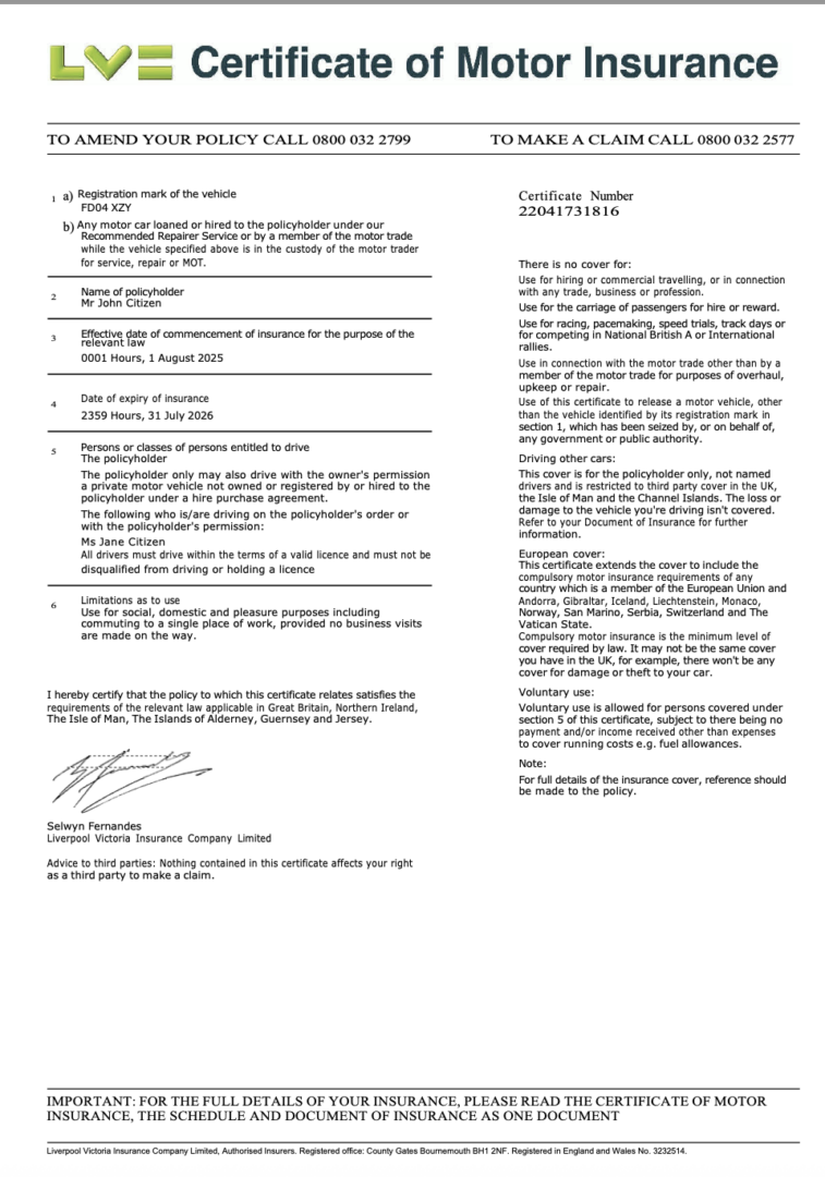 UK Liverpool Victoria Insurance Company Limited certificate of motor insurance Word and PDF template