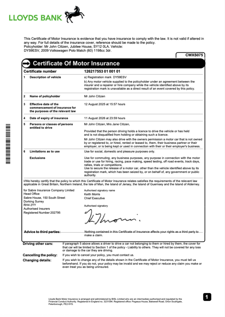 UK Lloyds Bank certificate of motor insurance Word and PDF template