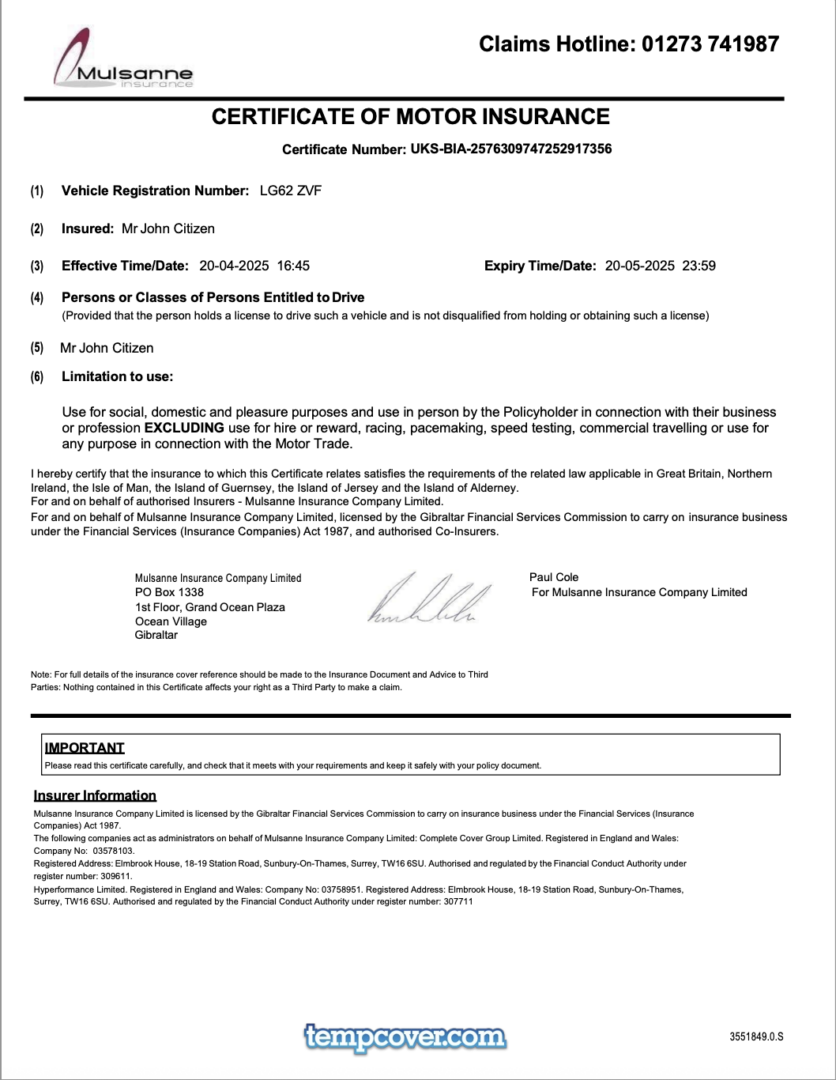 UK Mulsanne Insurance certificate of motor insurance Word and PDF template