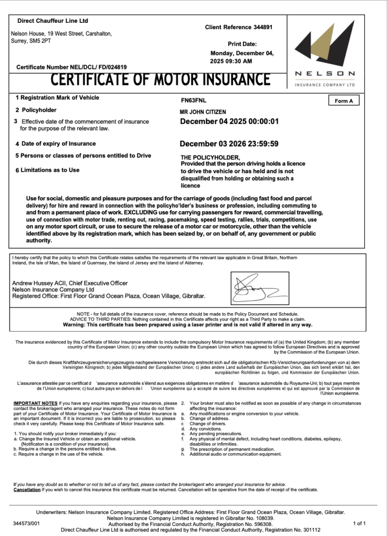 UK Nelson Insurance Company certificate of motor insurance Word and PDF template