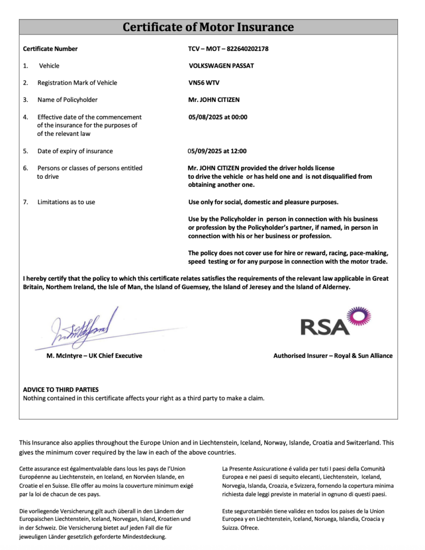 UK RSA Insurance certificate of motor insurance Word and PDF template