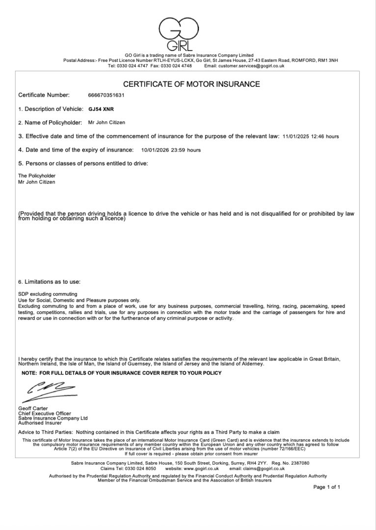 UK Sabre Insurance Company certificate of motor insurance Word and PDF template