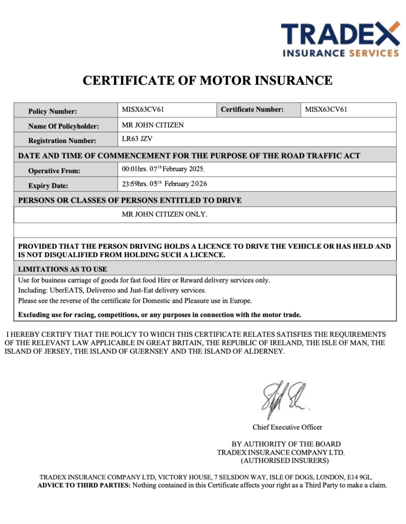 UK Tradex Insurance Services certificate of motor insurance Word and PDF template