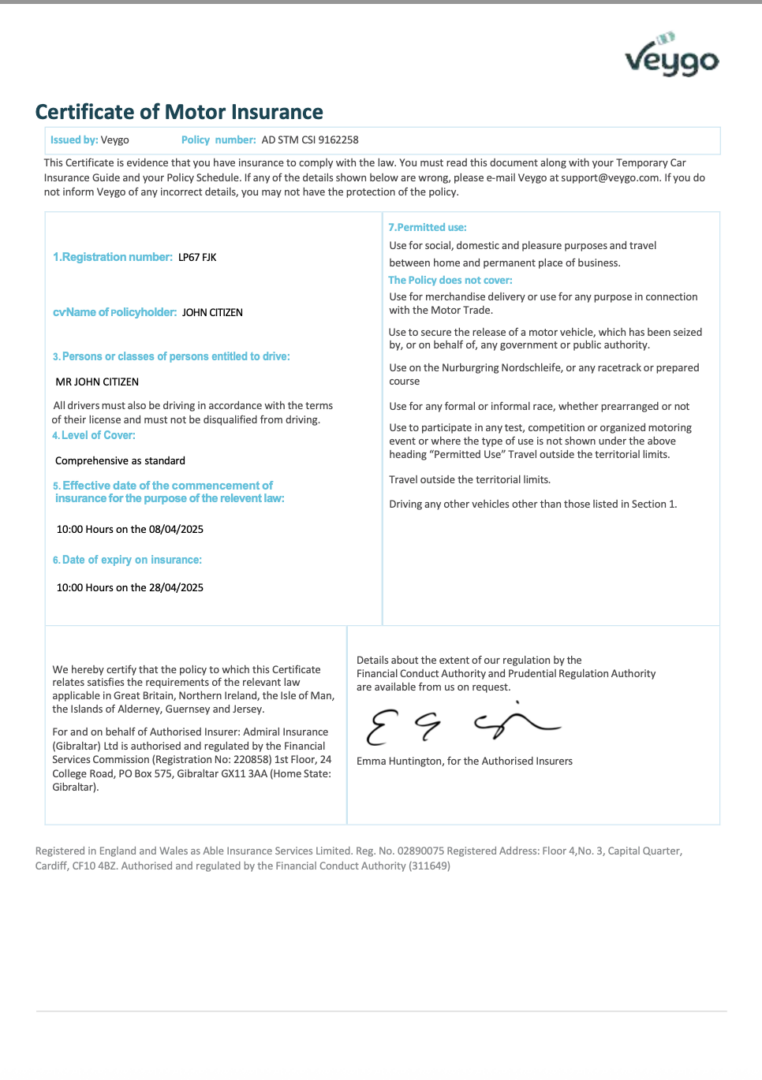 UK Veygo certificate of motor insurance Word and PDF template